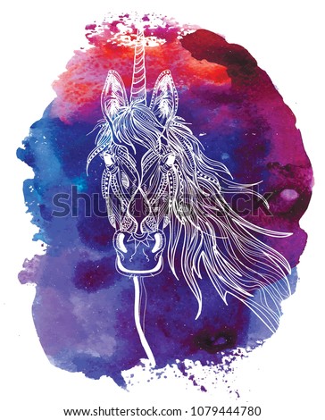 The head of the unicorn. A horse with a long mane. Meditative coloring, doodling drawing. Drawing by hand. Coloring for children.