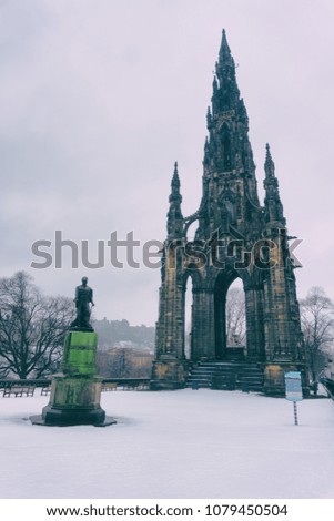 Scott Monument under the snow, Edinburgh, Scotland. Vintage feeling