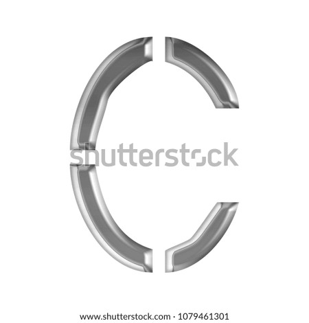 Shiny silver metal letter C in a 3D illustration with a smooth glossy metallic surface finish and stencil style font isolated on white with clipping path