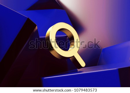 Pretty Golden Search Minus Icon With the Blue Glossy Boxes. 3D Illustration of Fine Golden Minus Sign, Magnifying Glass, Minus, Zooming Icon Set on the Blue Geometric Background.