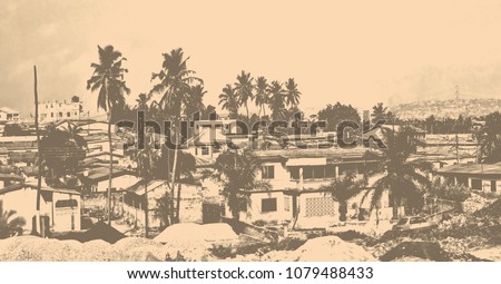 Matte background. Vintage. African town. Top view on residential district, densely located houses, yards and palm trees. Old postcard.  