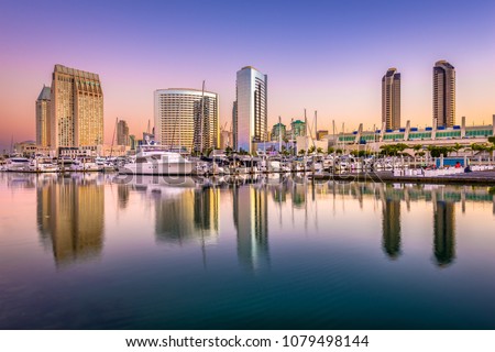 San Diego, California, USA downtown cityscape from the marina at dusk.