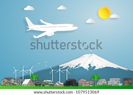 The airplane, Fuji mountain in Japan and countryside on blue sky as travel, trip in the holiday , paper art and craft style concept. vector illustration.