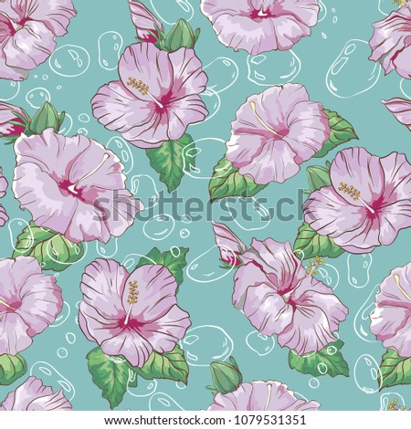 Seamless pattern with hand drawn colorful hibiscus flower and bubbles on blue background, Wallpaper with tropical flowers