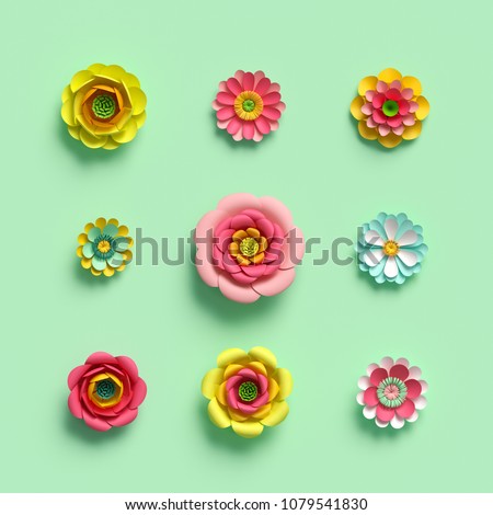 3d render, craft paper flowers, floral clip art set, botanical design elements, bright candy color, isolated on mint green background, decorative embellishment