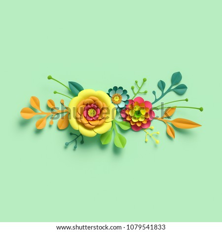 3d render, craft paper flowers, festive floral bouquet, horizontal border, botanical arrangement, bright candy colors, nature clip art isolated on mint green background, decorative embellishment