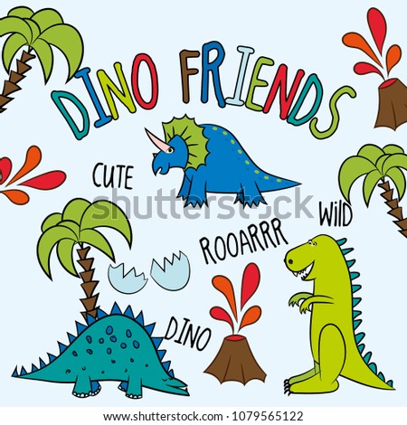 Dino Friends, funny cartoon dinosaur collection. Cute dinosaurs and tropic plants. Hand drawn vector doodle set for kids. Good for textiles, scrap booking, wallpapers, wrapping paper, clothes, gifts.