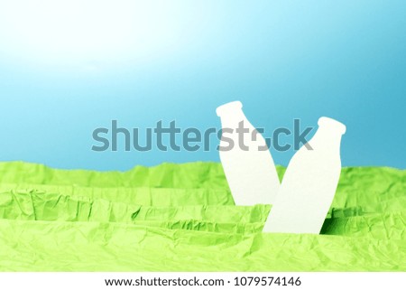 Two bottles of milk stand on a summer green meadow against a blue sky