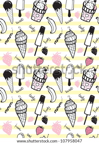Doodle ice cream seamless pattern. Raster.