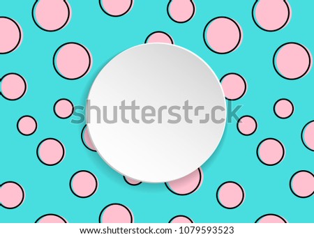 Pop art colorful confetti background. Big colored spots and circles on white background with black dots and ink lines. Banner with 3d paper plate in pop art style. Cute design for flyer, sale, ad