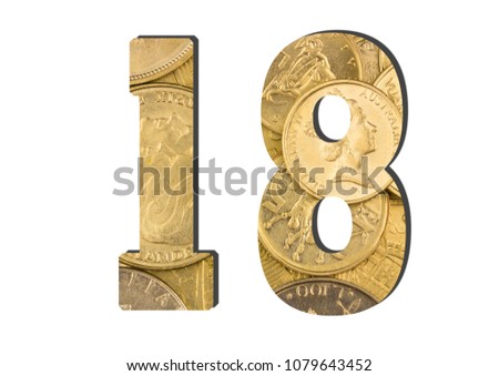 18 Number.  Shiny golden coins textures for designers. White isolate