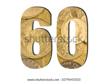  60 Number.  Shiny golden coins textures for designers. White isolate