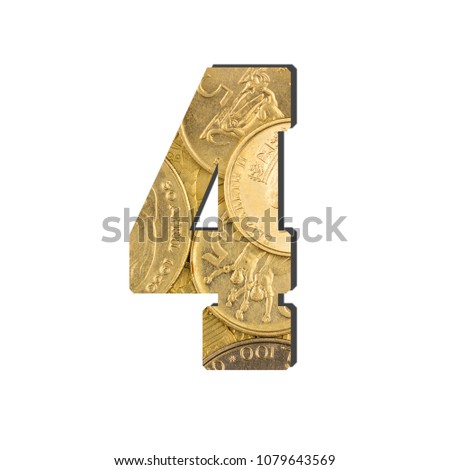4 Number.  Shiny golden coins textures for designers. White isolate