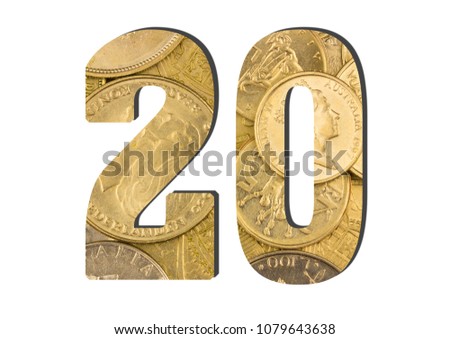 20 Number.  Shiny golden coins textures for designers. White isolate