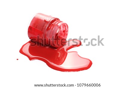 Spilled red watercolor with bottle isolated on white background