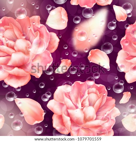 Seamless pattern background with flowers, bubbles of air and petals. Vector illustration.