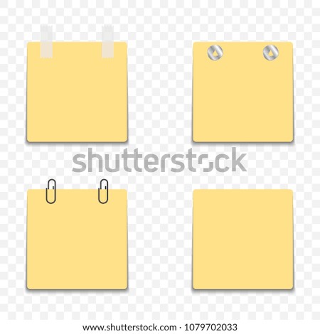 Yellow stickers with different mounting options for surfaces - self-adhesive, clerical buttons, clips and tape. Blank template for design. Vector on a transparent background