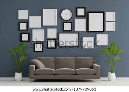 Blank group of  picture frame for insert text or image inside with clock and sofa in living room.