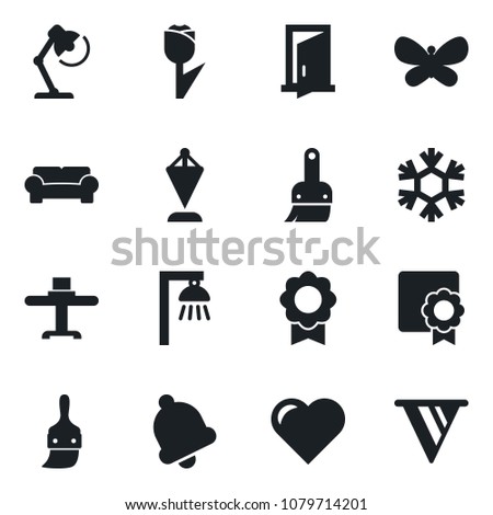 Set of vector isolated black icon - pennant vector, butterfly, heart, tulip, themes, bell, sertificate, desk lamp, cushioned furniture, restaurant table, snowflake, outdoor, door, pennon