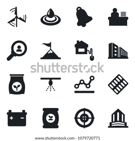 Set of vector isolated black icon - fertilizer vector, pills blister, bell, point graph, manager desk, target, windmill, office building, home control, water, battery, sprinkler, consumer search