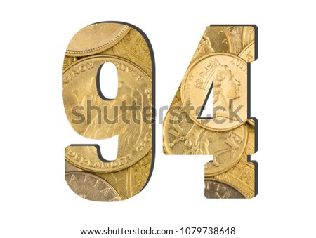  94 Number.  Shiny golden coins textures for designers. White isolate