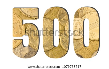  500 Number.  Shiny golden coins textures for designers. White isolate