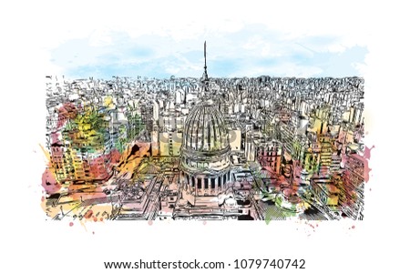 City building view with street of Buenos Aires Capital of Argentina. Water Cooler splash with Hand drawn sketch illustration in vector.