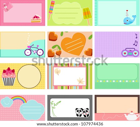 Vector of design elements - blank label, sweet pastel name card, tag with cartoon. A set of cute and colorful card collection isolated on white background