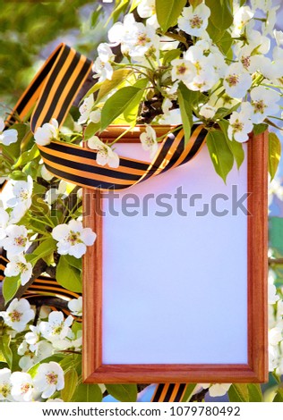 May 9 is the celebration of the Victory Day in Russia. The flowering branch and St. George's ribbon frame the frame. Can be used as a background image in which space is copied.
