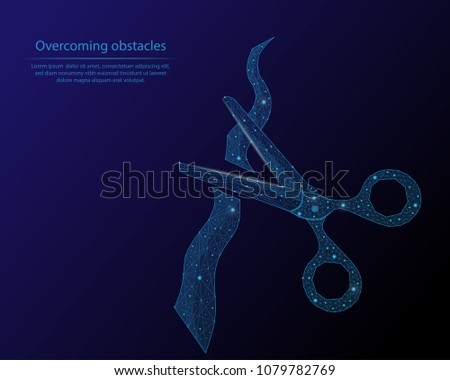 Abstract image of a scissors and ribbon in the form of a starry sky or space, consisting of points, lines, and shapes in the form of planets, stars and the universe.