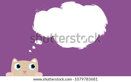 Adorable funny cat peeking out on purple background with a speech bubble  above. Happy kitty wording speech bubble with a copy space.