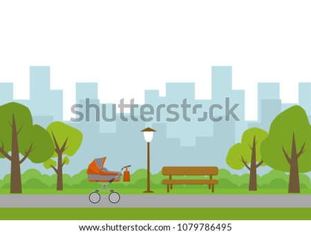 Vector illustration. City park with a stroller.