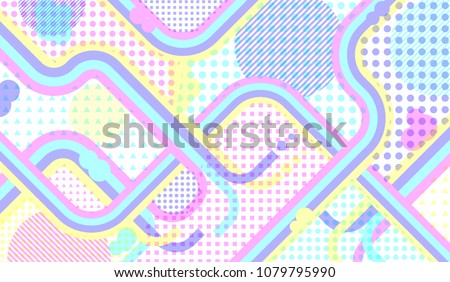 Memphis pattern. Disco background with color lines and different elements for textile or wallpaper. Retro Pattern with Color Elements for your Design. Vector Texture.