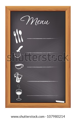 Restaurant chalkboard menu, written in white chalk, illustration.