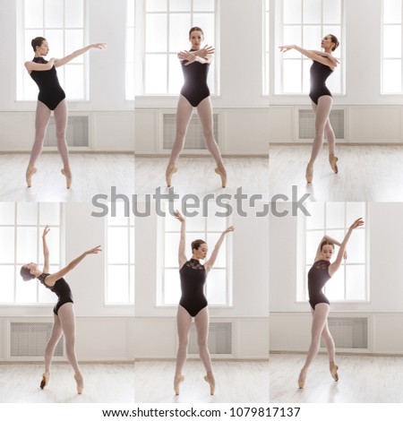 Collage of young ballerina standing in different ballet poses. Sporty brunette woman training at gym. Active, healthy lifestyle concept