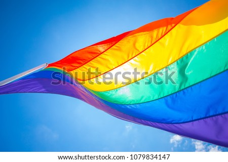 Rainbow flag on a gay beach in Miami Beach, South Beach, 12th street. Florida. USA.  Royalty-Free Stock Photo #1079834147