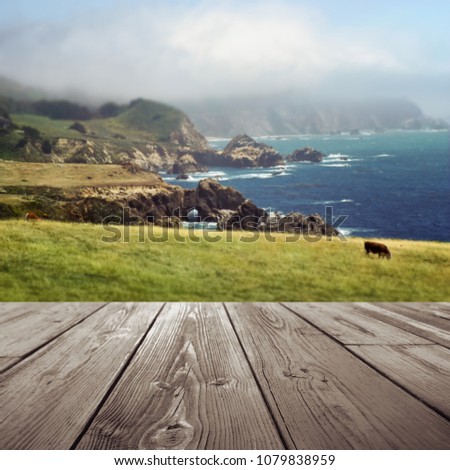 wooden table top with blurred coastline background                        