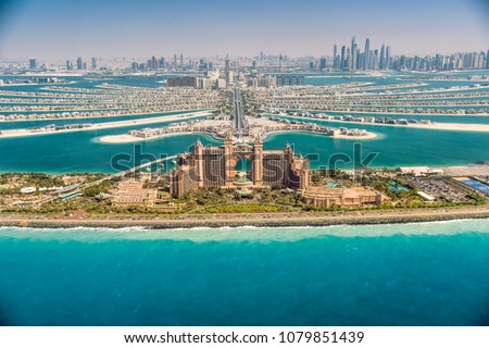 Panoramic view of Dubai from Palm Island, UAE Royalty-Free Stock Photo #1079851439