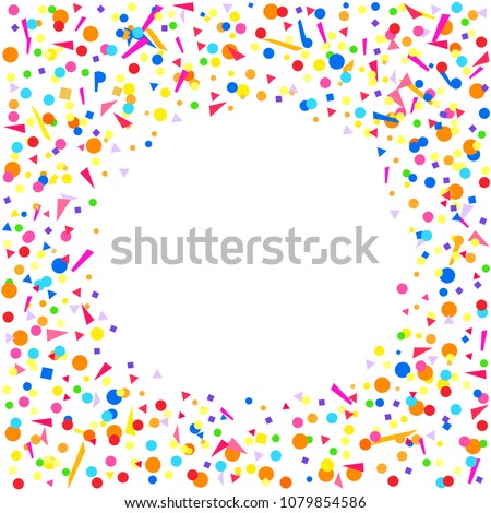 Square texture with random geometric elements on white. Geometrical background with confetti. Pattern from glitters. Festive frame. Print for banners, posters, t-shirts and textiles. Greeting cards