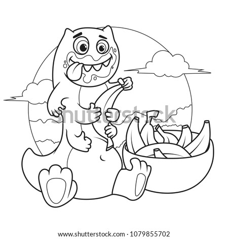 Funny green monster is eating bananas. Coloring book page. Line Art