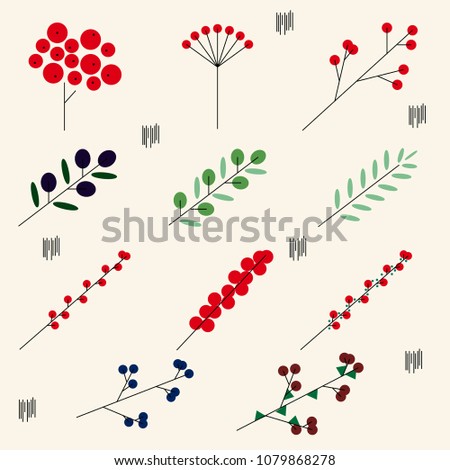 Minimalist set with branch and berries in scandinavian style. Simple flat olive, holly, viburnum and other. Geometric collection elements for your design.