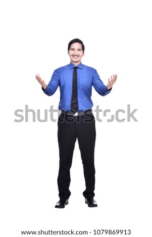 Image of asian businessman with open hands standing isolated over white background