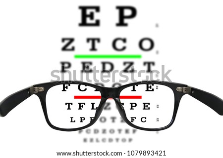 eyes glasses with eyes chart exam. normal vision acuity 20/20 Royalty-Free Stock Photo #1079893421