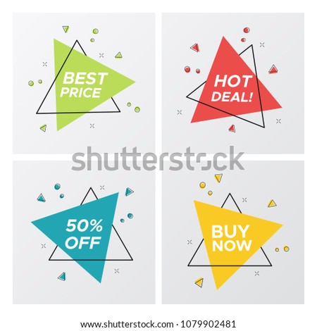 Set of flat abstract sale banner in modern style. Minimal vintage design triangle sign template with promo offer title in bright colors. Vector illustration with sale tags for web advertising
