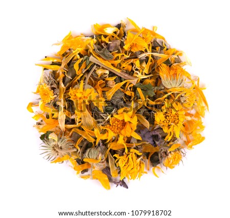 Dried calendula flowers isolated on white background. Top view