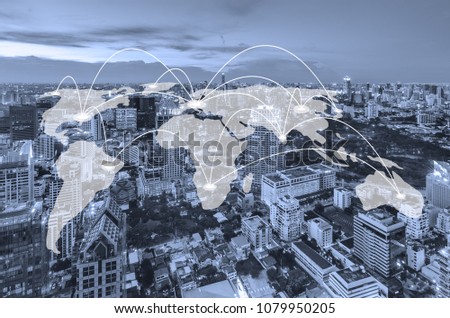 connection and network system concept over blurred cityscape, green tone process