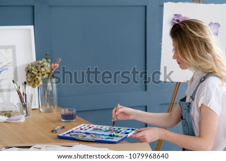 art painting hobby. creative leisure. girl drawing a picture. talent inspiration creation and self expression concept