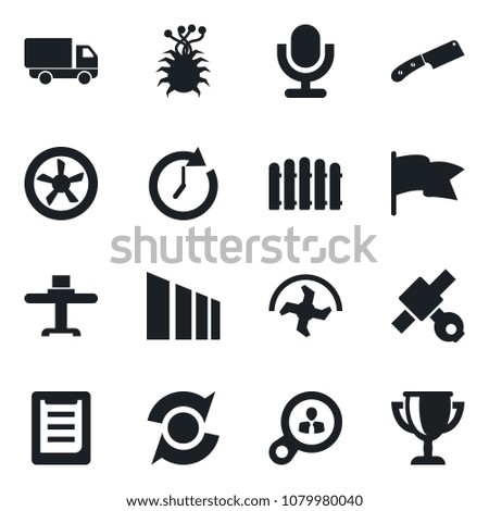 Set of vector isolated black icon - ripper vector, fence, virus, satellite, car delivery, clipboard, sorting, microphone, update, restaurant table, knife, fan, consumer search, clock, flag