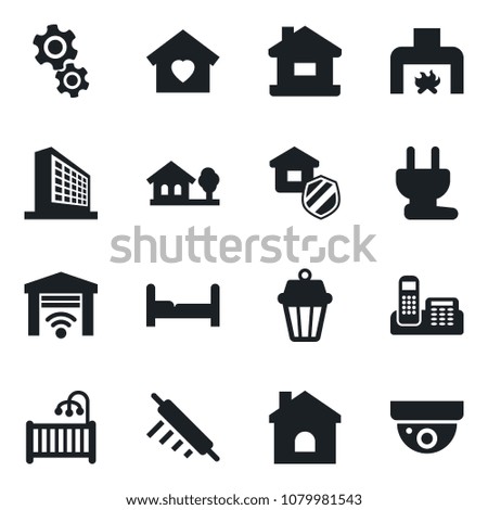 Set of vector isolated black icon - office building vector, house, phone, with tree, bedroom, children room, sweet home, fireplace, estate insurance, rolling pin, power plug, gear, outdoor lamp