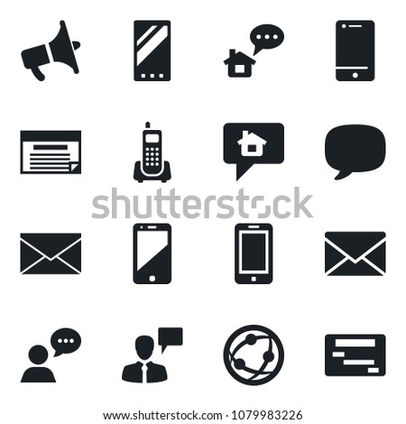 Set of vector isolated black icon - mobile phone vector, speaking man, mail, office, loudspeaker, network, cell, speaker, message, home, schedule